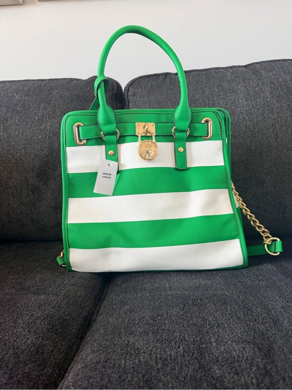Green and White Striped Tote Bag with Gold Hardware